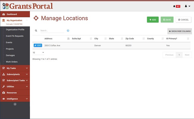 Grants Portal Manage Locations Page. Please refer to Appendix 2-40 for full description.