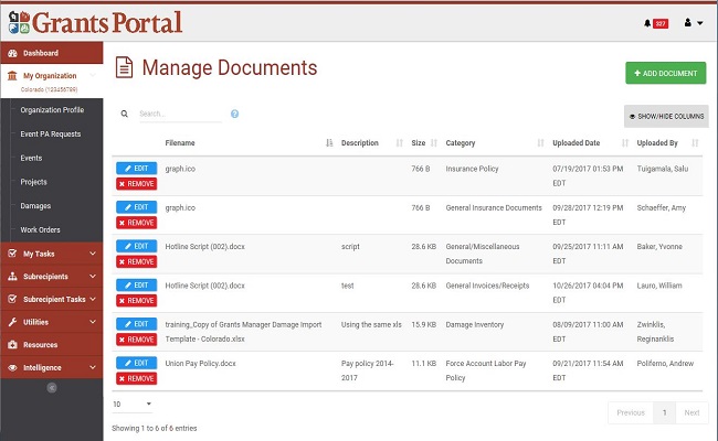 Grants Portal Manage Documents Page. Please refer to Appendix 2-44 for full description.