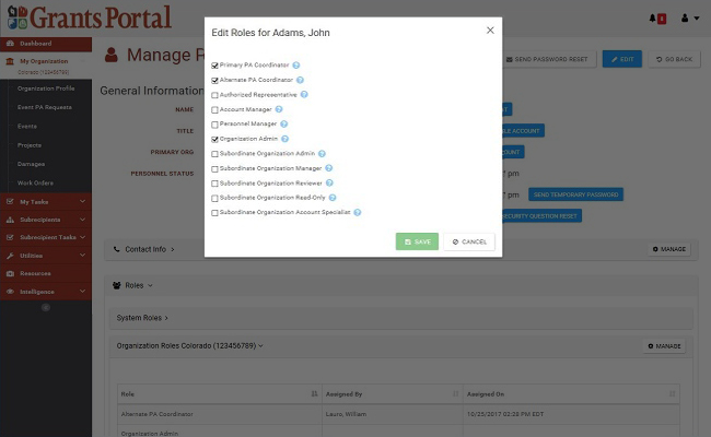 Grants Portal Edit Roles Pop-Up. Please refer to Appendix 2-49 for full description.