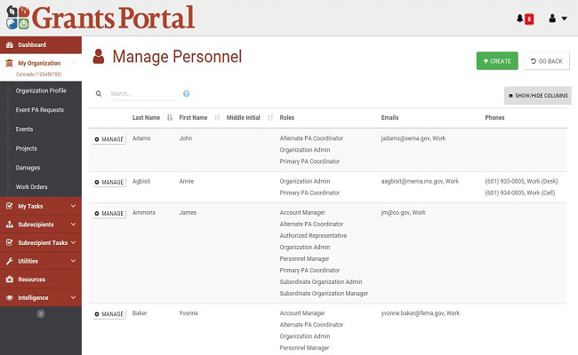 Grants Portal Manage Personnel Page. Please refer to Appendix 2-47 for full description.