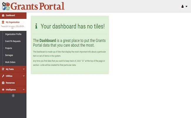 Grants Portal Dashboard (no tiles). Please refer to Appendix 4-2 for full description.