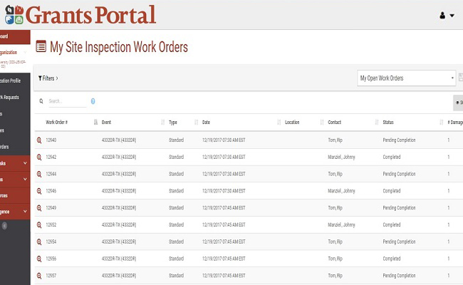 Grants Portal My Site Inspection Work Orders Page. Please refer to Appendix 4-3 for full description.