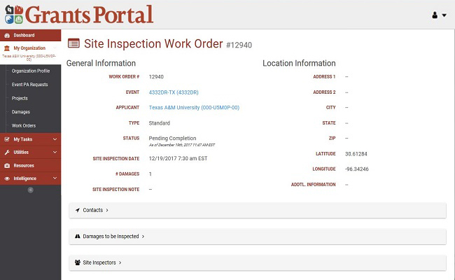 Grants Portal Site Inspection Work Order Page. Please refer to Appendix 4-4 for full description.