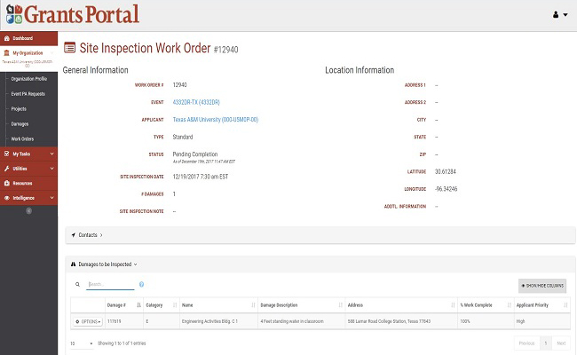 Grants Portal Site Inspection Work Order Damages. Please refer to Appendix 4-5 for full description.