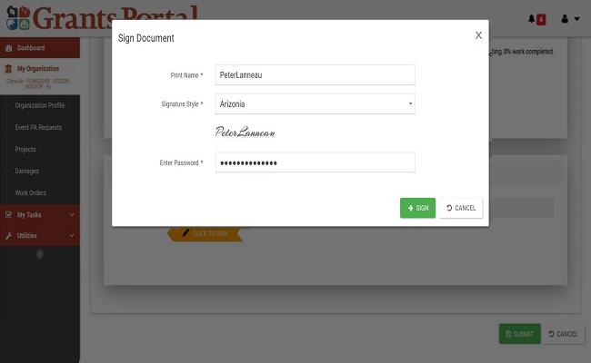 Grants Portal Sign Document Pop-Up. Please refer to 4-11 for full description.