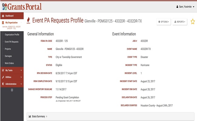 Grants Portal Event PA Requests Profile Page. Please refer to Appendix 4-15 for full description.