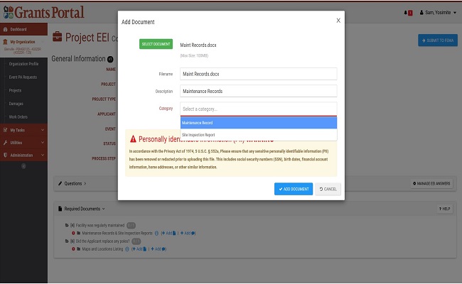 Grants Portal EEI Add Document Info Pop-Up. Please refer to Appendix 4-27 for full description.