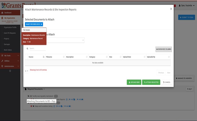 Grants Portal EEI attach Records Pop-Up. Please refer to Appendix 4-28 for full description.