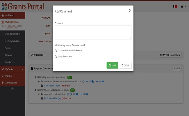 Grants Portal Required Documents Add Comment Pop-Up. Please refer to Appendix 4-30 for full description.