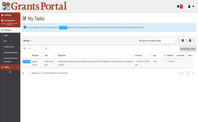 Grants Portal My Tasks Page. Please refer to Appendix 4-6 for full description.