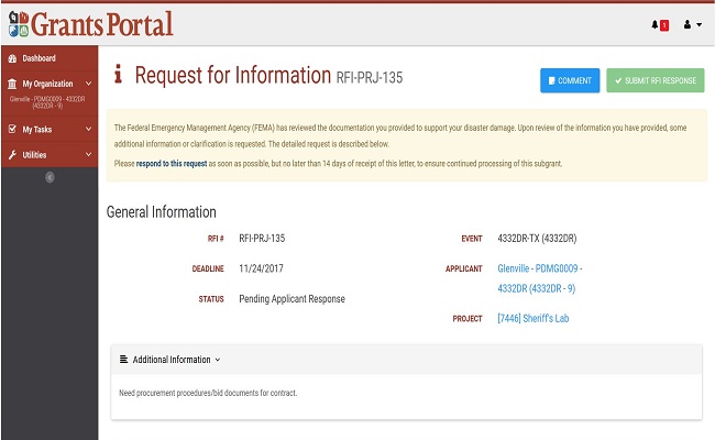 Grants Portal Request for Information Page. Please refer to Appendix 4-33 for full description.