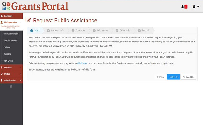 Grants Portal Request Public Assistance: Start. Please refer to Appendix 3-3 for full description.