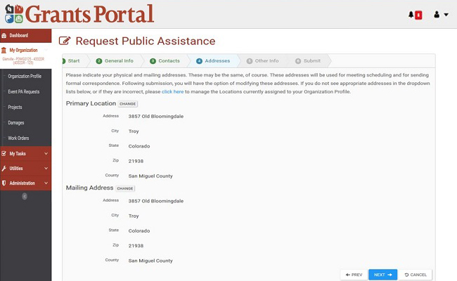 Grants Portal Request Public Assistance: Addresses. Please refer to Appendix 3-6 for full description.