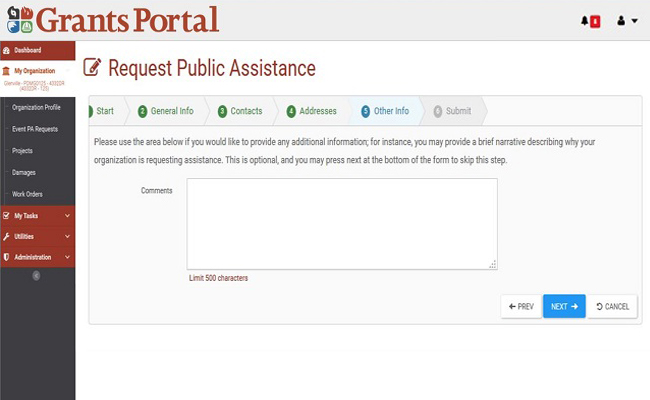 Grants Portal Request Public Assistance: Other Info. Please refer to Appendix 3-7 for full description.