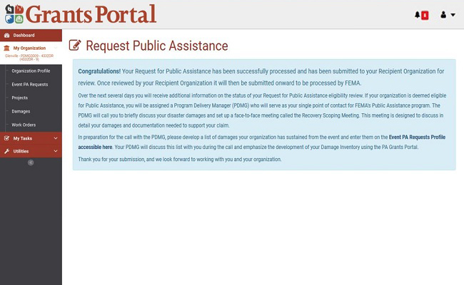 Grants Portal Request Public Assistance: Congratulations. Please refer to Appendix 3-9 for full description.