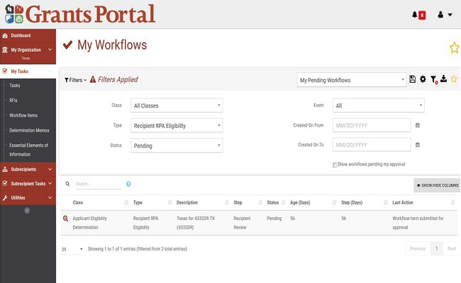 Grants Portal My Workflows: Filters Expanded. Please refer to Appendix 3-11 for full description.