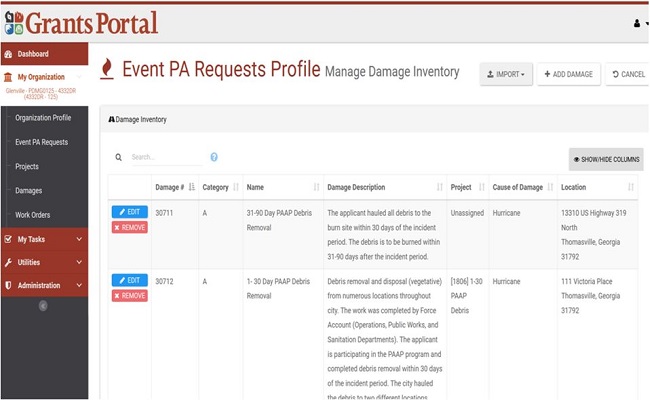 Grants Portal Event PA Requests Profile: Manage Damage Inventory. Please refer to Appendix 3-17 for full description.