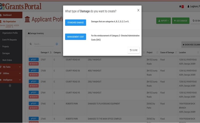 Grants Portal Damage Creation Pop-Up. Please refer to Appendix 3-18 for full description.