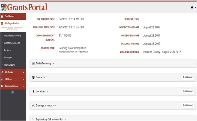 Grants Portal Manage Damage Inventory. Please refer to Appendix 3-20 for full description.