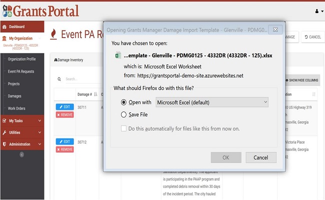 Grants Portal Damage Import Template Pop-Up. Please refer to Appendix 3-22 for full description.