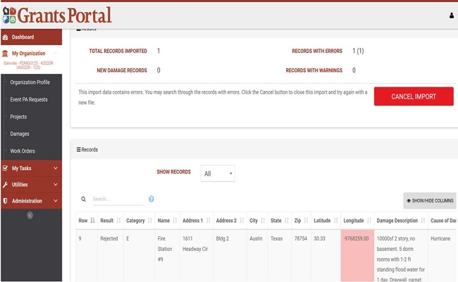 Grants Portal Cancel Import Button. Please refer to Appendix 3-26 for full description.