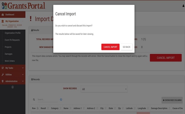 Grants Portal Cancel Import Pop-Up. Please refer to Appendix 3-27 for full description.