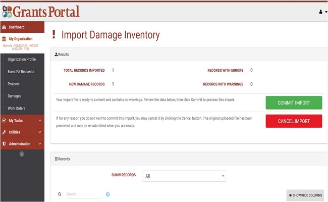 Grants Portal Import Damage Inventory: Import Buttons. Please refer to Appendix 3-28 for full description.