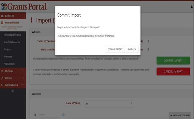 Grants Portal Commit Import Pop-Up. Please refer to Appendix 3-29 for full description.