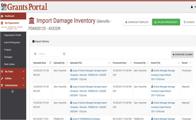 Grants Portal Visible Damage Inventory Upload. Please refer to Appendix 3-30 for full description.