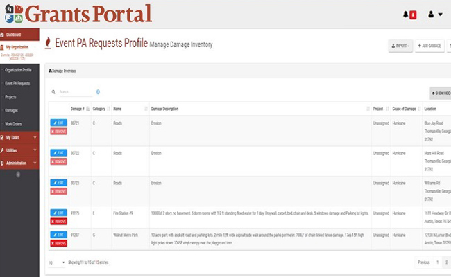 Grants Portal Damage Inventory Bar Expanded. Please refer to Appendix 3-32 for full description.