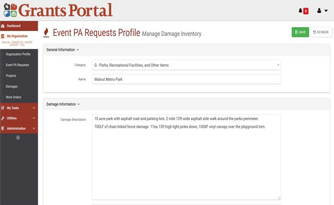 Grants Portal Damage Information section. Please refer to Appendix 3-33 for full description.