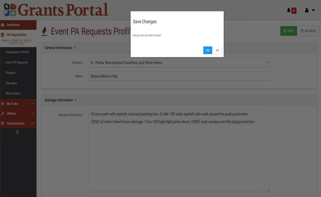 Grants Portal Save Changes Pop-Up. Please refer to Appendix 3-34 for full description.