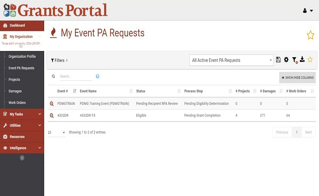 Grants Portal My Event PA Requests Page. Please refer to Appendix 5-2 for full description.