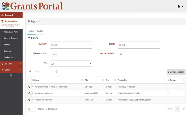 Grants Portal Event PA Requests Profile: Projects (expanded). Please refer to appendix 5-3 for full description.