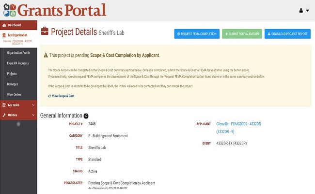 Grants Portal Project Details Scope & Cost banner. Please refer to Appendix 5-4 for full description.