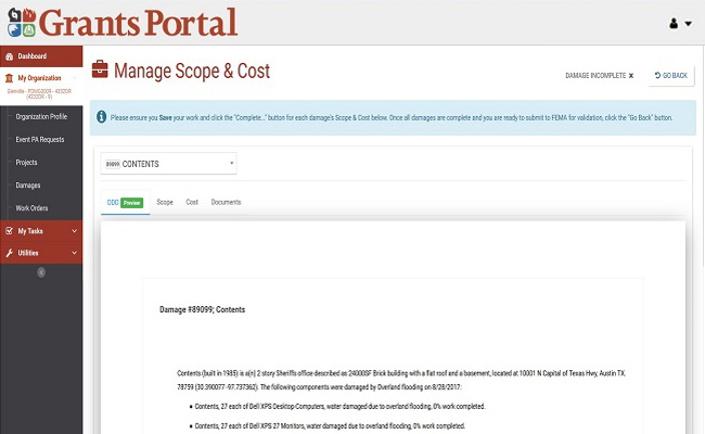 Grants Portal Manage Scope and Cost Page. Please refer to Appendix 5-6 for full description.