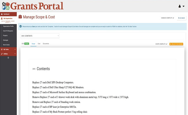 Grants Portal Add Scope: Contents (saved). Please refer to Appendix 5-9 for full description.