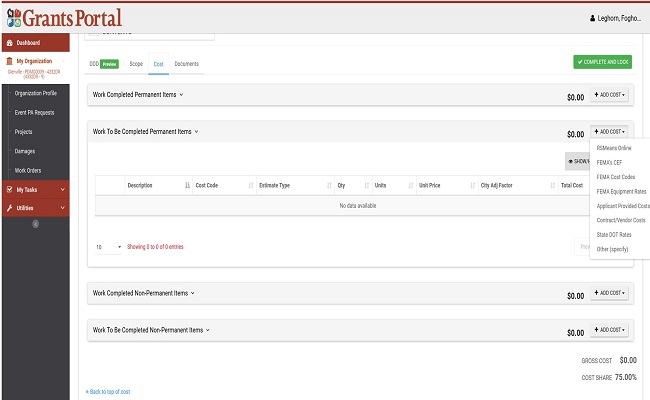 Grants Portal Manage Scope & Cost: Work to be Completed (add). Please refer to Appendix 5-10 for full description.