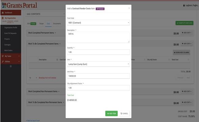 Grants Portal Manage Scope & Cost: Contract/Vendor Costs pop-up. Please refer to Appendix 5-11 for full description.