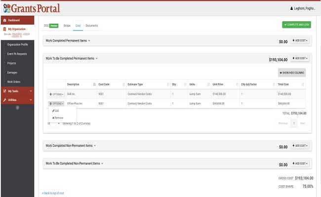 Grants Portal Manage Scope & Cost: Cost Line Items. Please refer to Appendix 5-12 for full description.