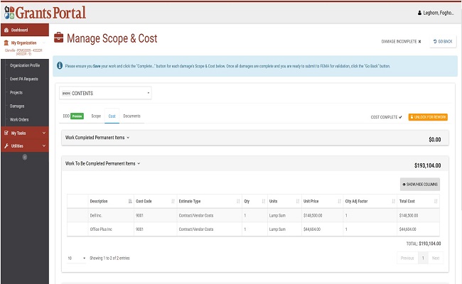 Grants Portal Manage Scope & Cost: Edit Scope and Cost. Please refer to Appendix 5-14 for full description.