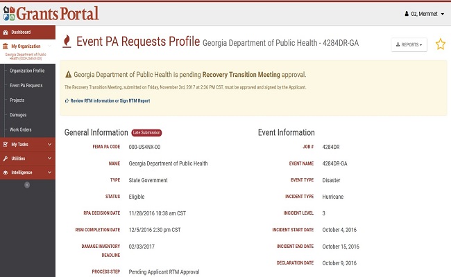 Grants Portal Event PA Requests Profile RTM Pending banner. Please refer to Appendix 6-3 for full description.