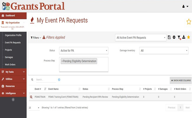 Grants Portal My Event PA Requests: Filters. Please refer to Appendix 6-9 for full description.