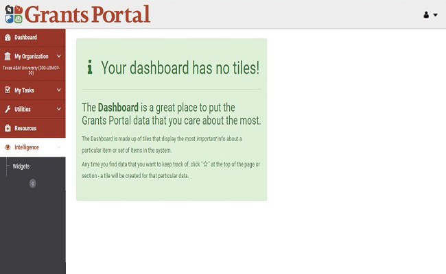 Grants Portal Dashboard (no tiles). Please refer to Appendix 6-11 for full description.