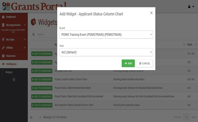 Grants Portal Add Widget pop-up. Please refer to Appendix 6-13 for full description.