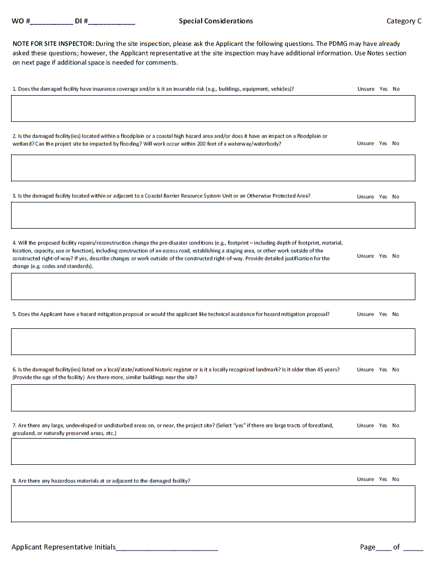 Site inspection report special considerations page. Please refer to appendix 2-2 for a full image description