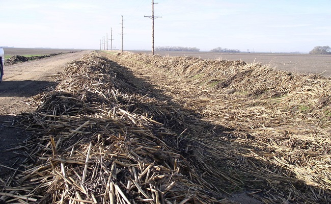 Debris lies strewn on the side of a road near a field.