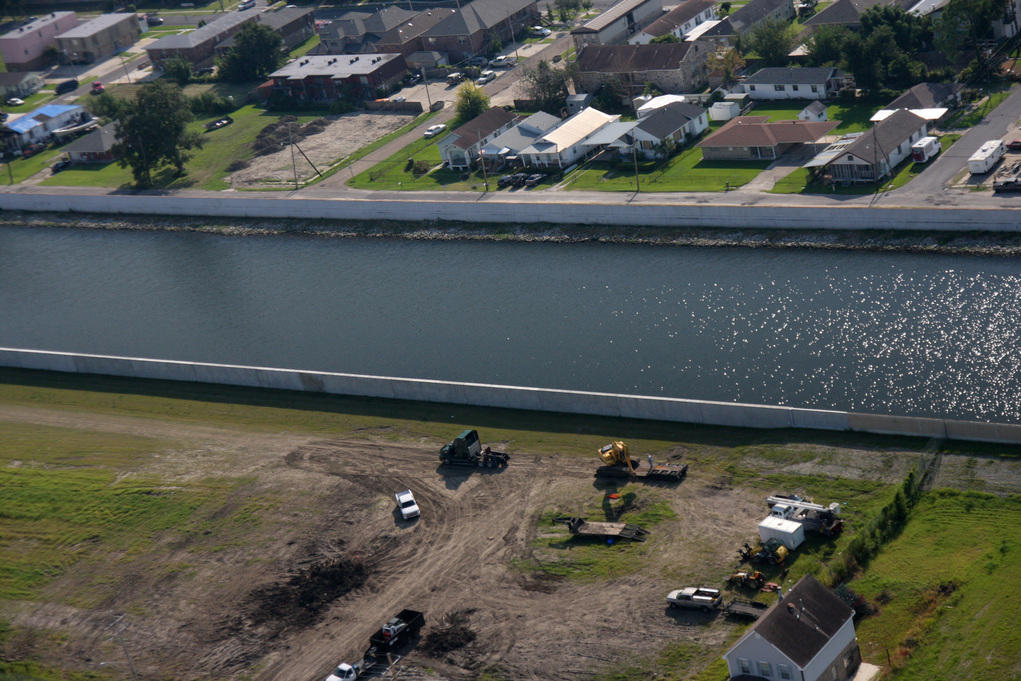 An aerial view of reconstructed levees in New Orleans.