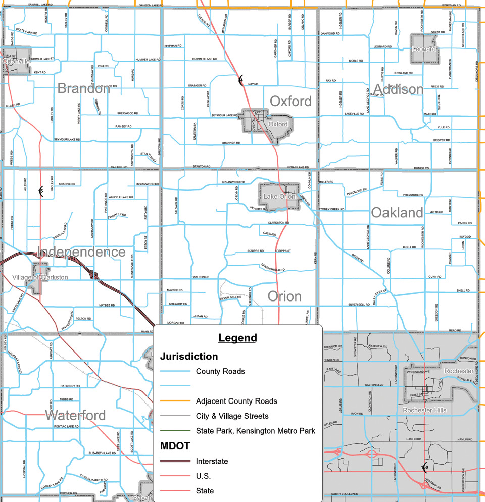 A road map of several counties. Please refer to Appendix 2-1 for full description.