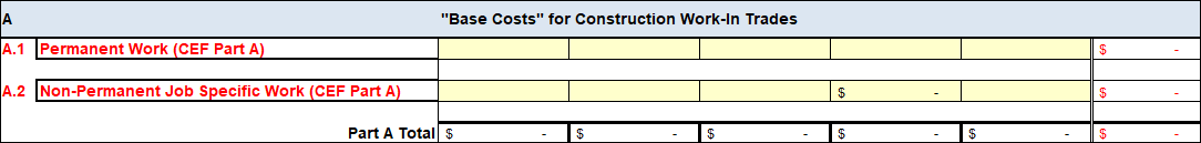 CEF Completed/Uncompleted Work Summary Part A: Base Costs for Construction Work-In Trades. A.1: Permanent Work (CEF Part A). A.2: Non-Permanent Job Specific Work (CEF Part A). Part A Total.